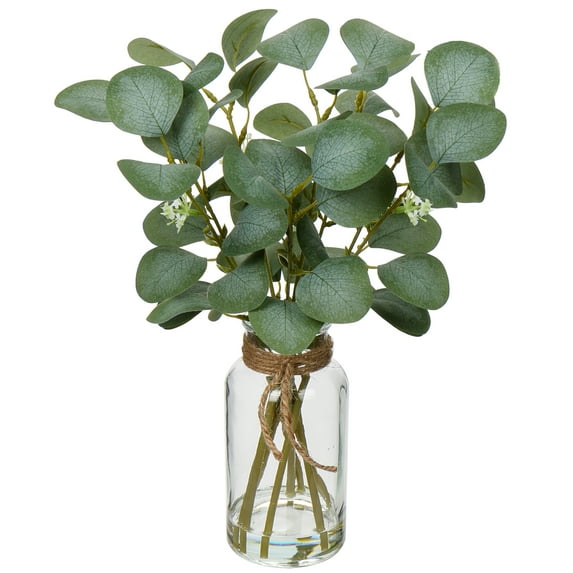 14" Eucalyptus Leaves Artificial Plant Stems in Glass Vase with Faux Water Home Office Farmhouse Wedding Centerpiece Décor