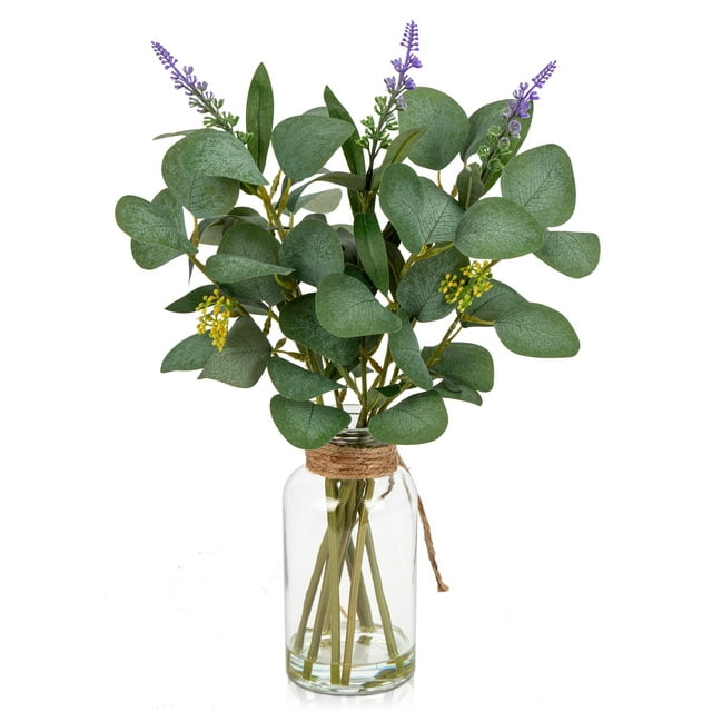 14" Eucalyptus Leaves with Lavender Flower Artificial Plant Stems in Glass Vase with Faux Water Home Office Farmhouse Wedding Centerpiece Décor