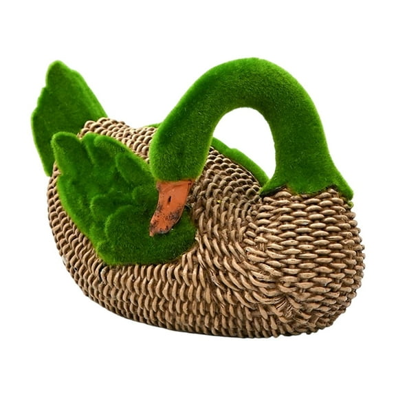 14" Faux Rattan Easter Duck Statues - Flocked Green Farmhouse Animal Figurines - Rustic Woven Garden Yard Art - Spring Patio Porch Props - Seasonal Holiday Home Decor