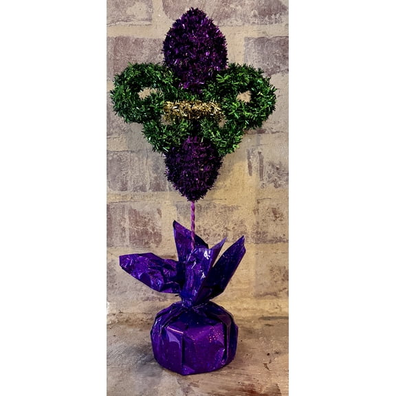 14" Fleur de Lis Tabletop Decor, Mardi Gras Party Tinsel Home Decor, Purple Green and Gold with Stand