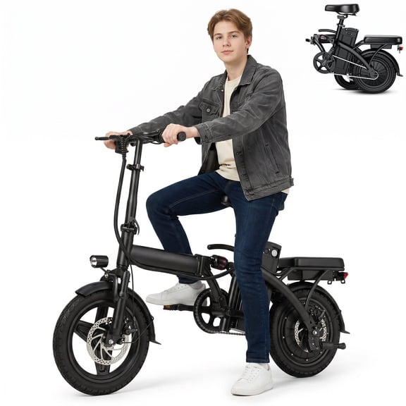 14''Foldable Adult Electric Bike, 48V 10ah 500W Motor, 3-Speed Gearing, Dual Spring Shock Absorbers, Front And Rear Led Safety Lights, Portable Design