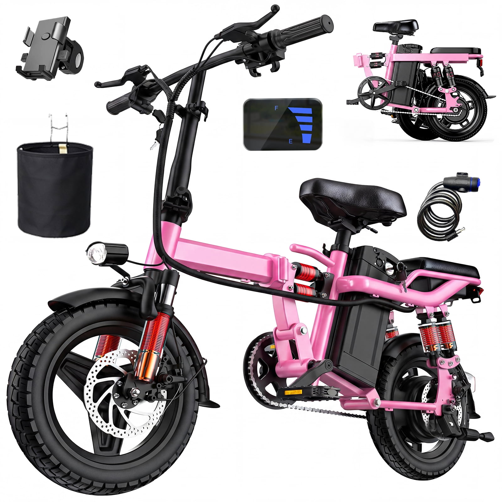 14''Foldable Adult Electric Bike, 48V 12ah 750W Motor, 3-Speed Gearing, Six-Spring Shock Absorber, Front And Rear Led Safety Lights, Portable Design, With Basket/Phone Holder/Lock,Pink