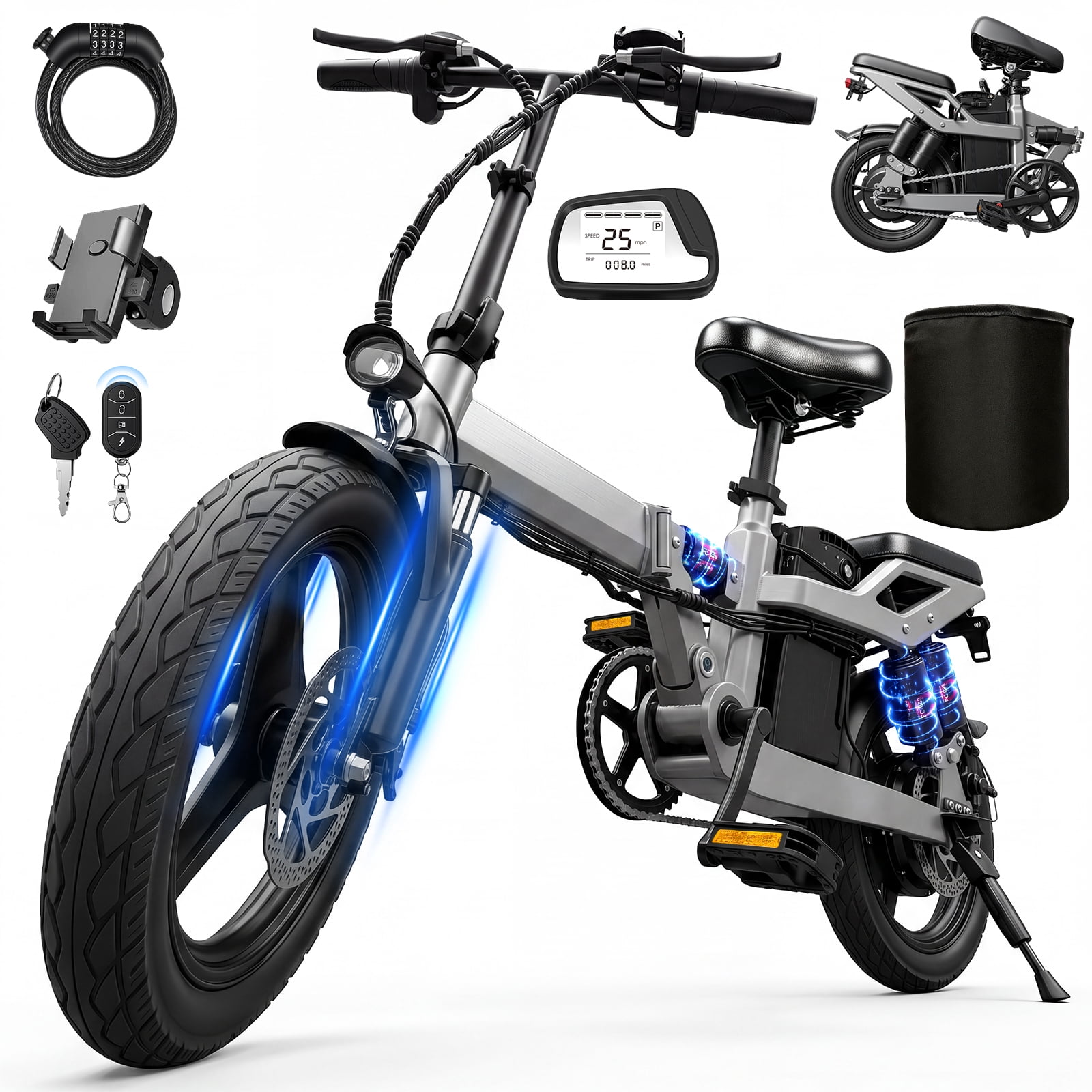 14 in Adult Folding Electric Bicycle, 750W Peak Motor, 25-30 Mile Range, 500 Lb High Load Capacity, Front And Rear Disc Brakes + Five-Fold Shock Absorption, Led Smart Display, Equipped With Combinati