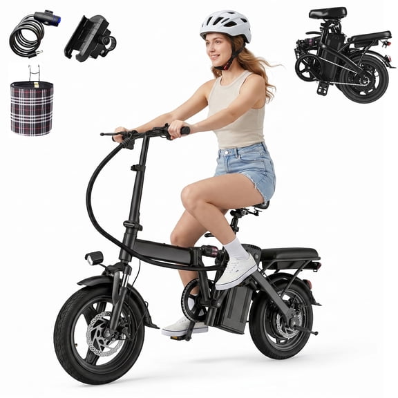 14''Foldable Adult Electric Bike, 48V 10ah 560W Motor, 3-Speed Gearing, Dual Spring Shock Absorbers, Front And Rear Led Safety Lights, Portable Design, With Basket/Phone Holder/Lock