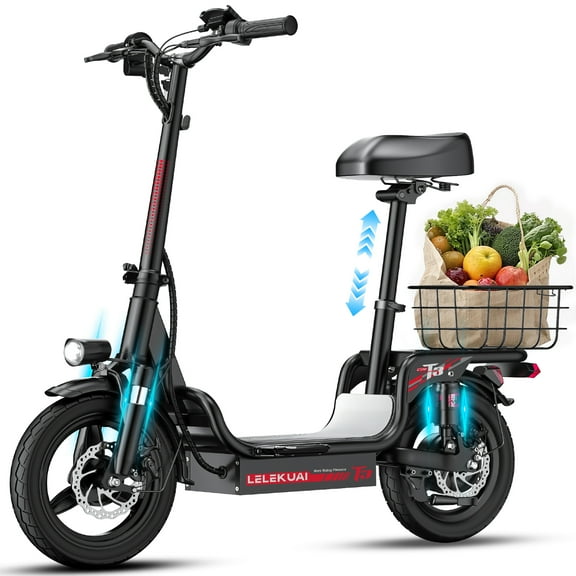 14 in Foldable Electric Scooter With Adult Seat; 500W Power, Rear Basket, 48V10.4 Ah Battery, 25Mile Range, Quad Shock Absorption, Maximum Weight Capacity 330 Lbs.
