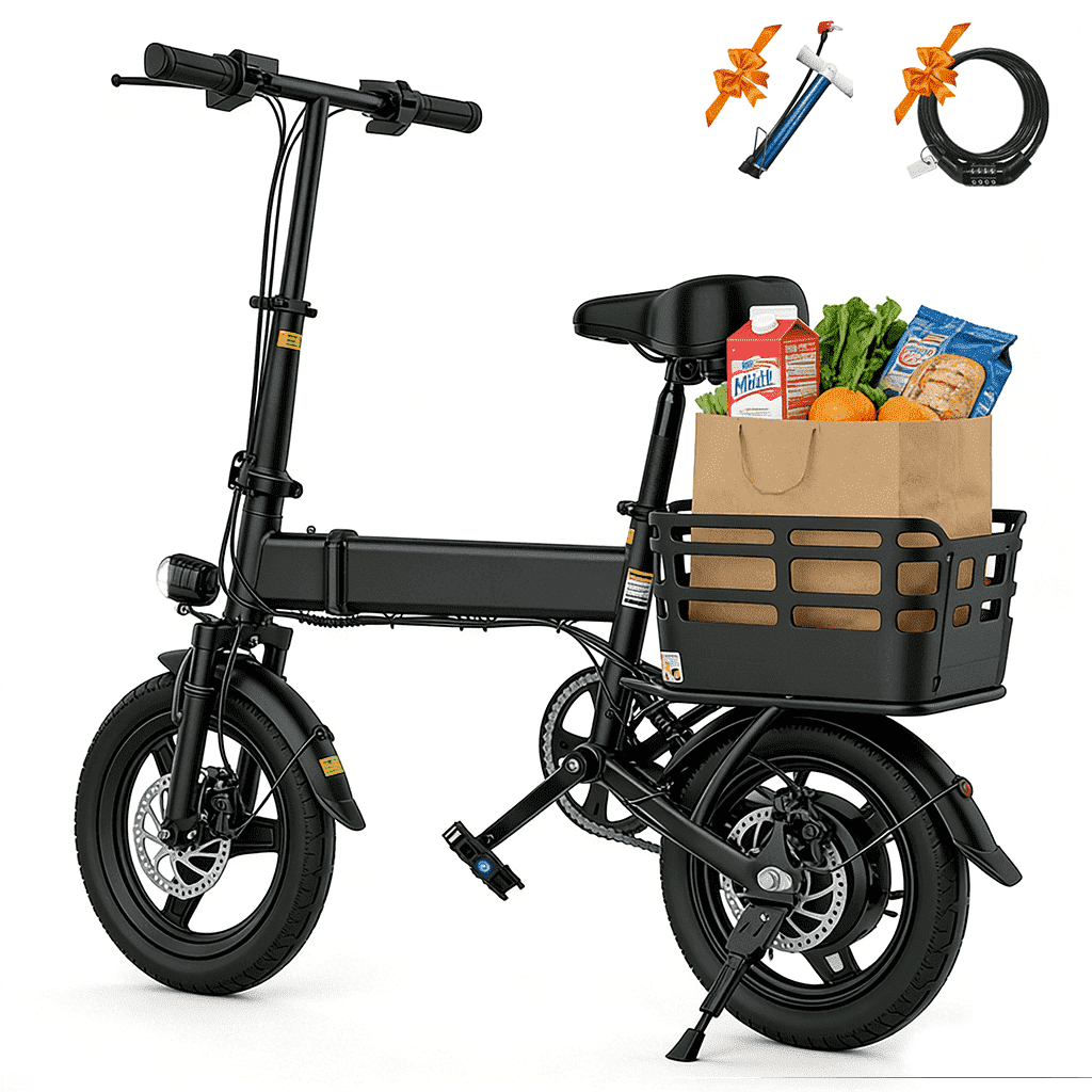 14" Folding Electric Bike for Adults, 500W Commuter Ebike with 350WH Battery, 20MPH & 20 Miles, UL2849, Mini Bicycle with Basket
