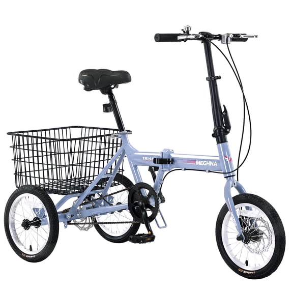 14" Folding Tricycle for Adults, Dolonm Steel Frame Folding Trikes with Large Basket & Adjustable Seat, 3 Wheel Collapsible Cruiser Bikes for Women Men Seniors, Light Blue