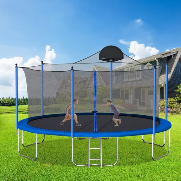 14 Ft Trampoline with Basketball Hoop for Kids, Jumping Bouncer Trampolines with Safety Enclosure Net and 8 Sturdy Ploles, Playing Exercise Trampolines with Spring Cover Padding and Ladder, Blue