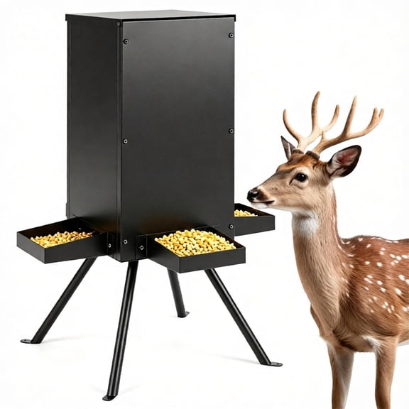 14 Gallon Gravity Deer Feeder 50-90 LBS Capacity Galvanized Coated Steel Wildlife Game Feeder with 4 Feeding Trays Lockable Lid Ground Pegs for Hunting Ranch Backyard Black