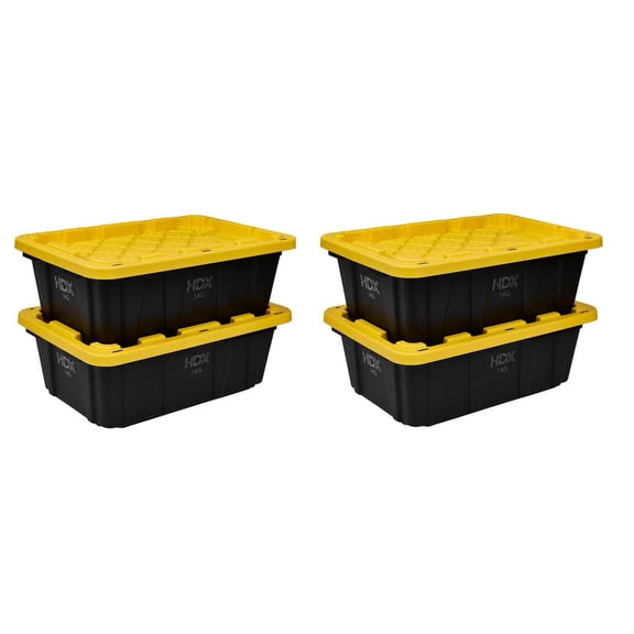 14-Gallon Heavy-Duty Tough Storage Tote Bins with Lids, Black and Yellow Stackable Plastic Organizers (4-Pack)