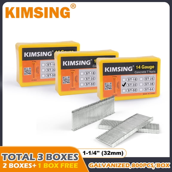 KIMSING 14 Gauge 1-1/4'' Length Concrete Nails 800 PCS/BOXS, Buy 2 Boxes Get 1 Free, ST32 Concrete T-Nails for Concrete Nailers Smooth Shank