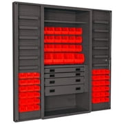 14 Gauge 12 Door Shelves Lockable Cabinet with 58 Red Hook on Bins & 1 Adjustable Shelf & 4 Drawers - Gray