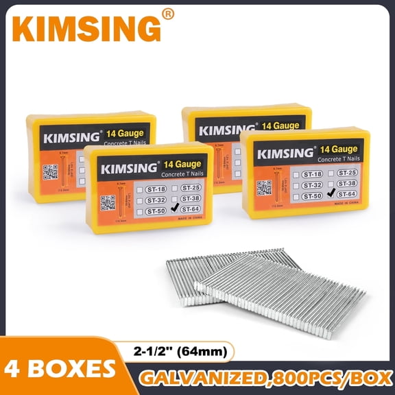 KIMSING ST64 14 Gauge 2-1/2'' Length Concrete Nails Concrete T-Nails ,galvanized,  for Concrete Nailers Smooth Shank 800 PCS/BOX(4 boxes)