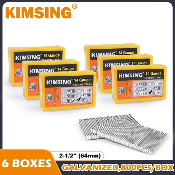 KIMSING ST64 14 Gauge 2-1/2'' Length Concrete Nails Concrete T-Nails, galvanized, for Concrete Nailers Smooth Shank 800 PCS/BOX(6 boxes)