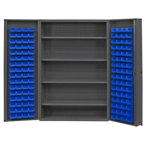 14 Gauge Deep Door Style Lockable Cabinet with 128 Blue Hook on Bins & 4 Adjustable Shelves, Gray -48 in.
