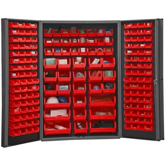 14 Gauge Deep Door Style Lockable Cabinet with 176 Red Hook on Bins - Gray - 48 in.