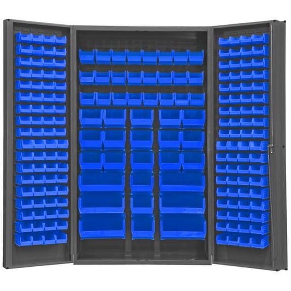14 Gauge Deep Style Lockable Double Door Cabinet with 192 Blue Hook on Bins, Gray - 48 in.