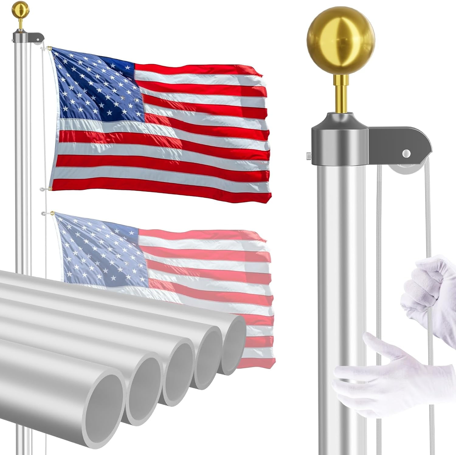 14 Gauge Flag Pole for Outside In Ground - 20 FT Heavy Duty Flagpole Kit for Yard - Extra Thick Outdoor Flag Poles with 3x5 American Flag for Residential or Commercial, Silver