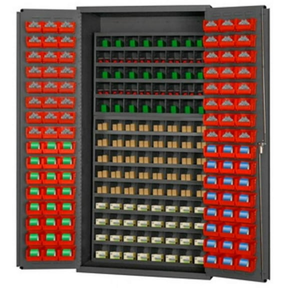 14 Gauge Flush Door Style Lockable Cabinet with 112 Pigeon Hole & 96 Red Plastic Hook on Bins Gray - 36 in.