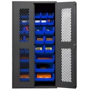 14 Gauge Flush Door Style Lockable Clearview Cabinet with 30 Blue Hook on Bins, Gray - 36 x 18 x 72 in.