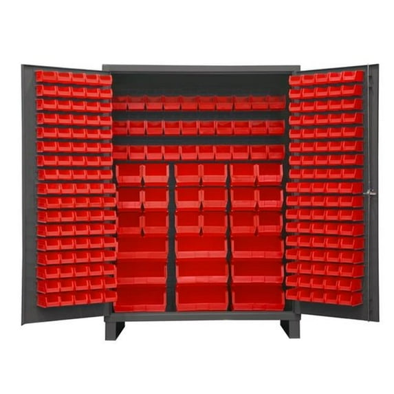 14 Gauge Flush Style Lockable Double Door Storage Cabinet with 227 Red Hook on Bins, Gray - 60 in.