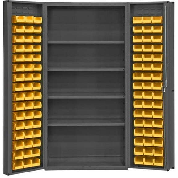 14 Gauge Heavy Duty Lockable Cabinet with 96 Yellow Hook on Bins & 4 Adjustable Shelves, Gray - 36 x 24 x 72 in.