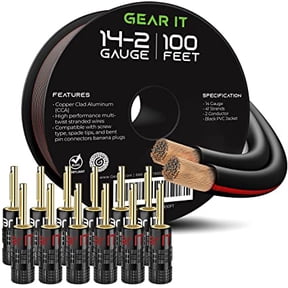 GEARit Pro Series 14 AWG Speaker Cable 100ft with 12 Banana Plugs (6 Pairs) - CCA Copper Clad Aluminum, Audio Sound Wire, Black