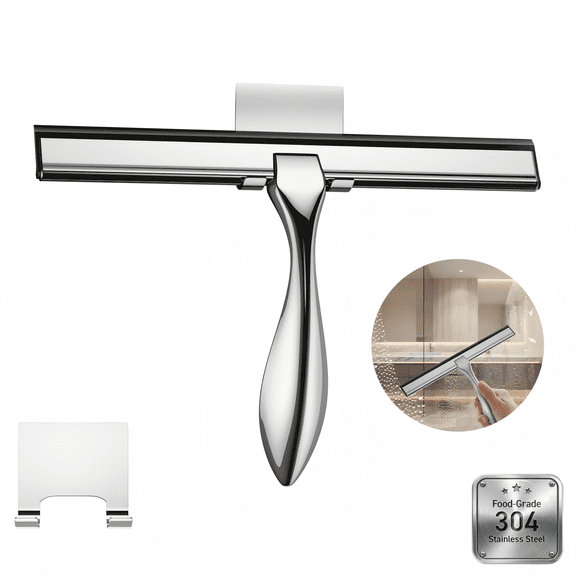 14" Glass Squeegee Heavy Duty (Silver) - Stainless Steel Frame Silicone Blade, Rust Resistant Streak-Free, Ergonomic Handle with Hook Holder, Multi-Use for Bathroom Kitchen Car Glass