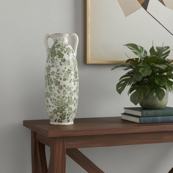 14" Green And White Leaf Ceramic Amphora Table Vase