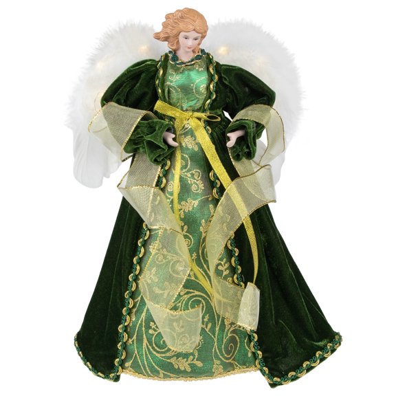 Northlight Angel with Lighted Wings Christmas Tree Topper - 14" - Green and Gold