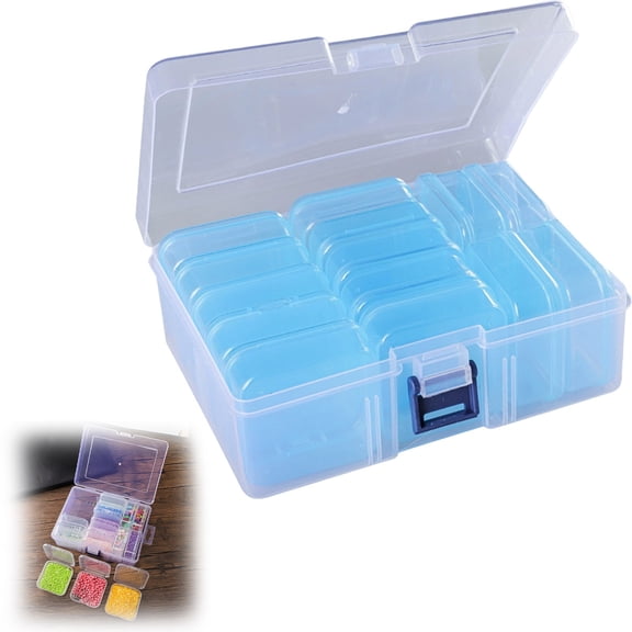 14-Grid Plastic Bead Storage Box Blue, Small Parts Organizer with Hinged Lid, Removable Containers for Crafts, Jewelry, Fishing, 6.5x4.7x2.28 Inch, By Preplabs