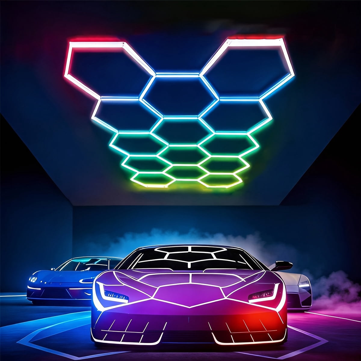 14 Grid RGB Hexagon Lights, DIY 47Pcs Garage LED Panel Light, 356 Color Modes | Music Sync | Smart App & Remote Control LED Ceiling Lights for Gym Bar Gaming Room Garage Lighting Basement Decor