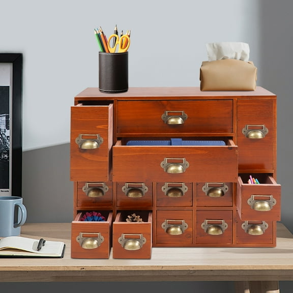 14 Grid Retro Brown Drawer Storage Box Multifunctional Classified Storage Box Large-Capacity Desktop Storage Cabinet