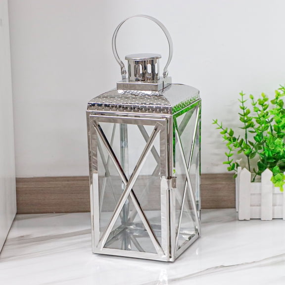 14" H Stainless Steel Lantern Square Elegance Metal Candle Lanterns Candle Holder with Tempered Glass