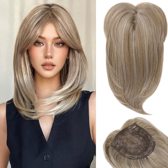 14" Hair Topper for Women with Thinning Hair, Natural Gray/Brown Clip-in Wiglet with Bangs, Lightweight & Breathable, 5 Anti-Slip Clips, Instant Volume
