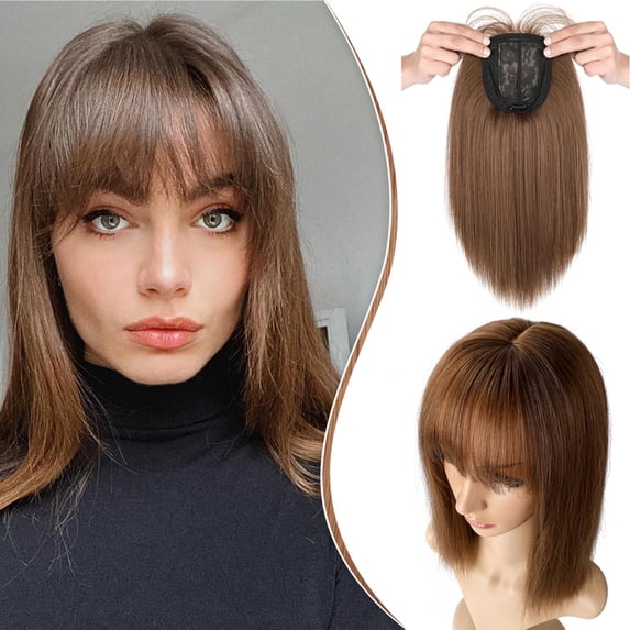 14" Hair Topper with Bangs Clip in Top Extensions 200% Density Silk Base Top Hairpieces Straight Crown Wiglet for Thinning Hair Women