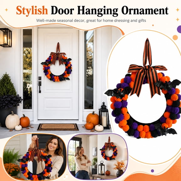 14" Halloween Pom-Pom Bat Wreath, Orange Purple Black Fuzzy Balls with Bats and Striped Bow, Fun Party Door Decor