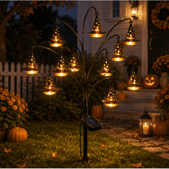 14‘’ Halloween Solar Tree Stump Light, Glowing Witch Hat Outdoor Decor, Twinkling Pathway Stake Light with Witch Hat&Black Cat&Pumpkin&Skull&Ghost, Vintage Lantern Rustic Fall Porch Decoration