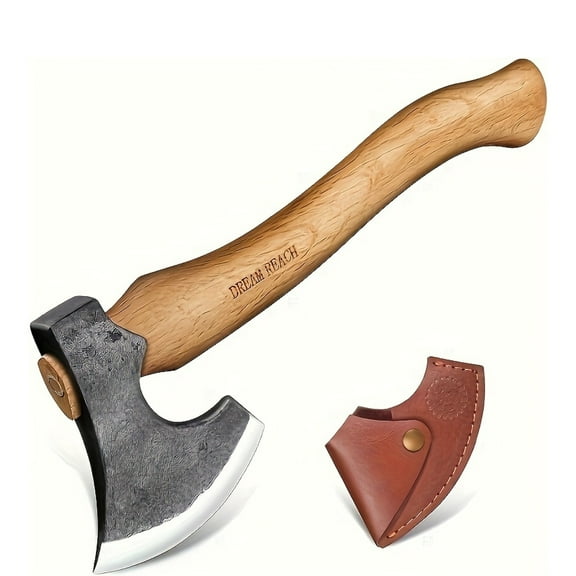14" Hand Forged Carbon Steel Hatchet Axe - Outdoor Kitchen Appliances for Bushcraft, Camping, Chopping Wood, and Gardening with Heat Treated Blade, Sheath, and Gift Set for Men