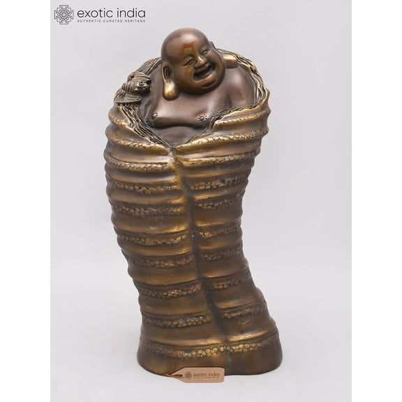 14" Handcrafted Laughing Buddha Emerging from Fortune Sack | Bronze Statue