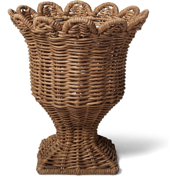 14" Handwoven Rattan Scallop Vase, Decorative Wicker Flower Vase with Woven Texture, Modern Farmhouse Brown Centerpiece Vase for Home Mantel & Shelf Decor