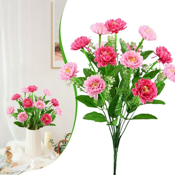 14 Heads Artificial Silk Mums Chrysanthemum Flowers, 1 Bundle 17.7'' Fake Mums Stems, Pink & Light Pink Faux Mums Chrysanthemum Bouquet for Vase, Floral Arrangements, Table Centerpieces, Home Decor