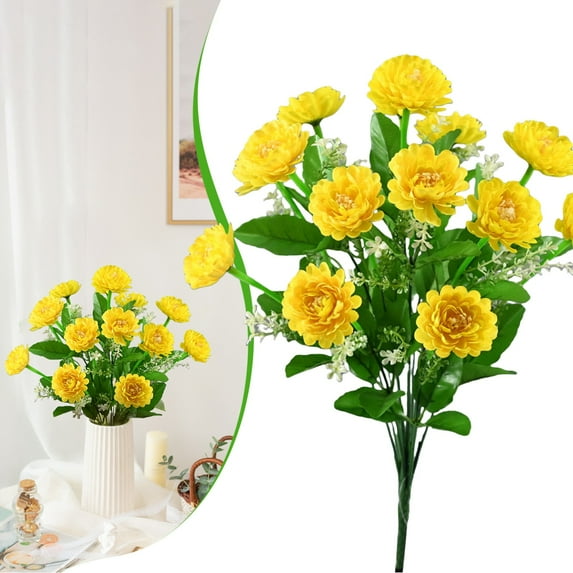 14 Heads Artificial Silk Mums Chrysanthemum Flowers, 1 Bundle 17.7'' Fake Mums Stems, Yellow Faux Mums Chrysanthemum Bouquet for Vase, Floral Arrangements, Table Centerpieces, Home Decor