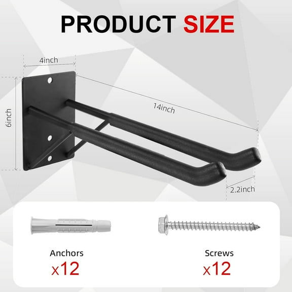 14" Heavy Duty Garage Hooks with Support Rods, 4-Pack Steel Wall Mount Hangers for Tools, Tires, Ladders and More