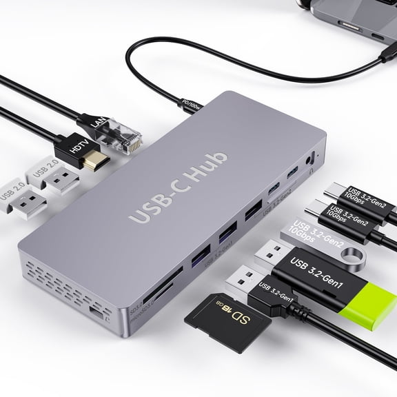 14 in 1 USB C Hub, USB C Docking Station Dual Monitor, Adapter with HDMI(4K60Hz), Ethernet, 3 USB 10G,100W PD, SD/TF, Audio, Laptop Docking Station for Dell/HP/Lenovo/ThinkPad/Surface