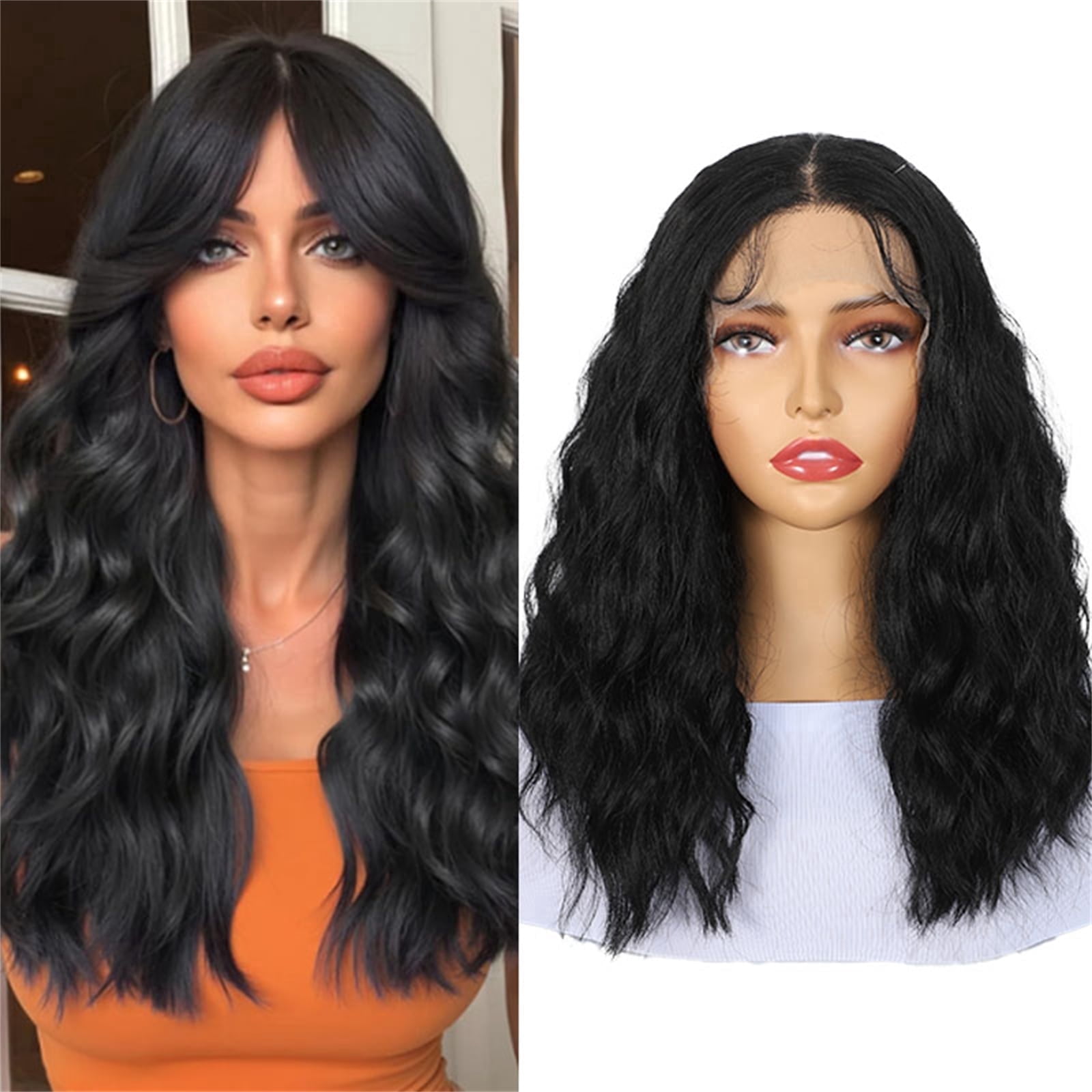 More Beautiful 14 Inch Wavy Lace Front Wig, 6 Inch Middle Part Natural Black Synthetic Wig for Women 1B#