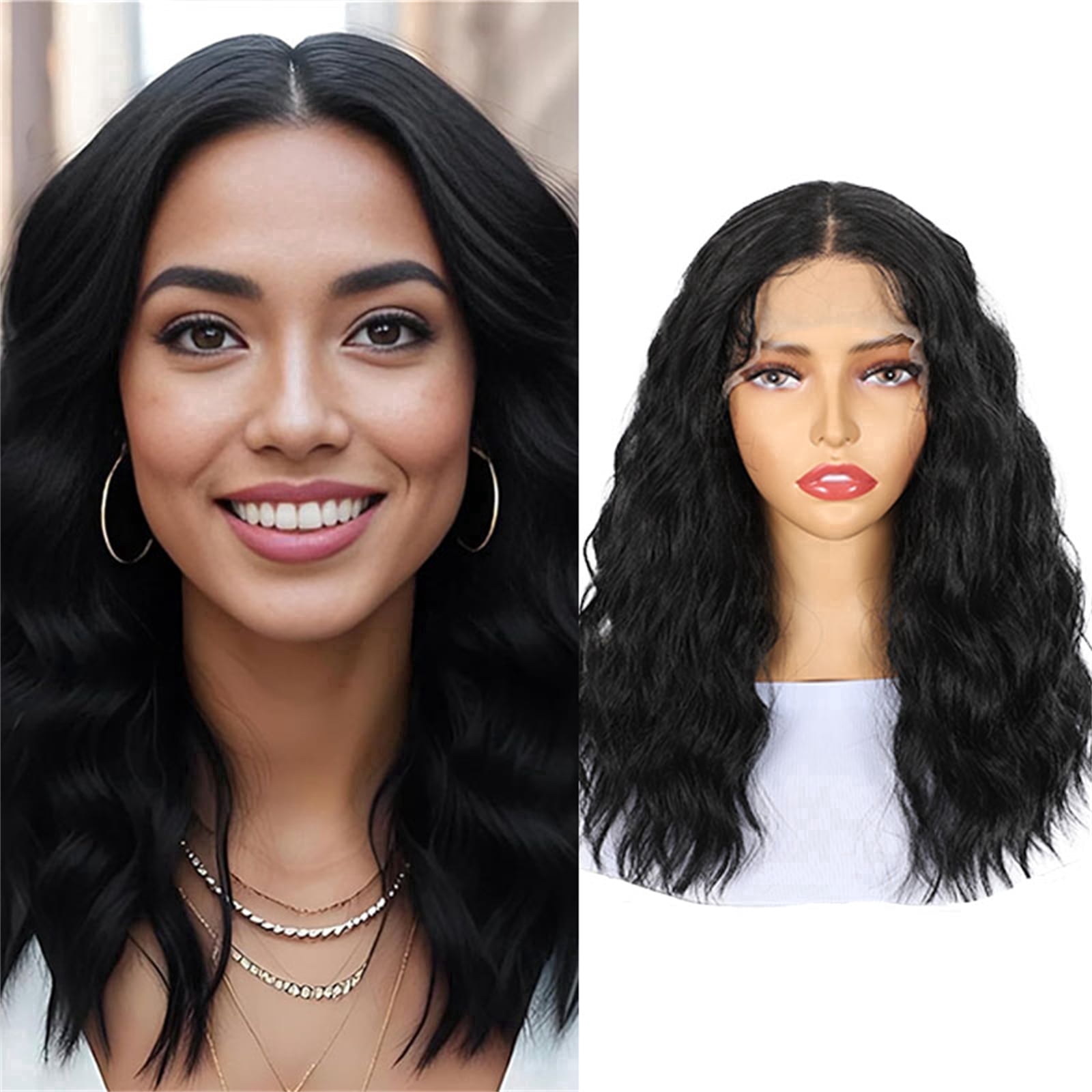 More Beautiful 14" Long Wavy Black Lace Front Wig, Pre-Cut Hairline, Heat Resistant Synthetic