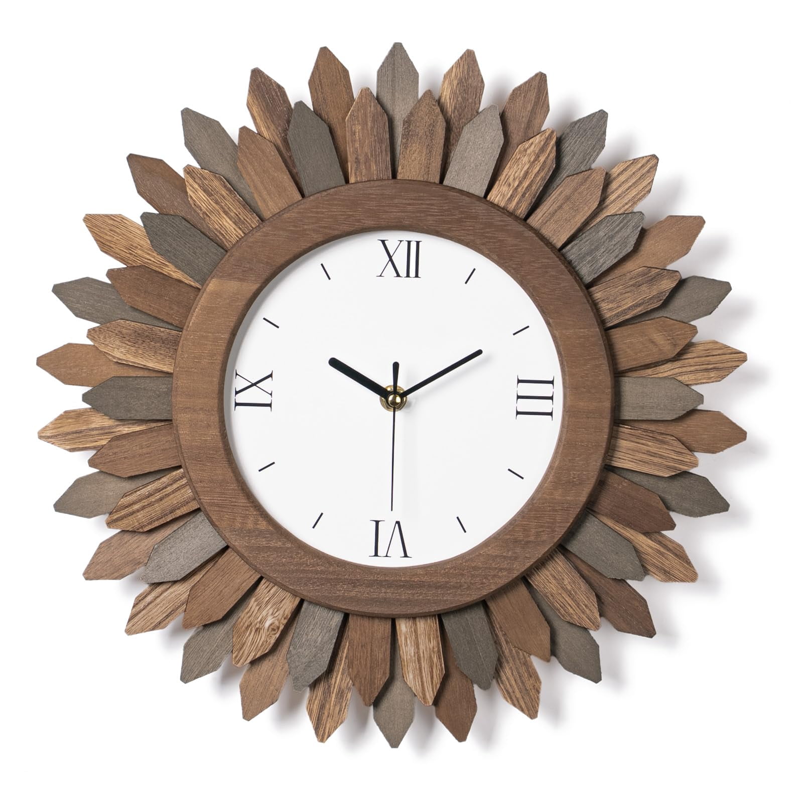 14 In Rustic Wood Boho Sunburst Decorative Wall Clock Silent Non Ticking Farmhouse Small Wall Clocks for Living Room Kitchen Bedroom Decor (Tricolor)