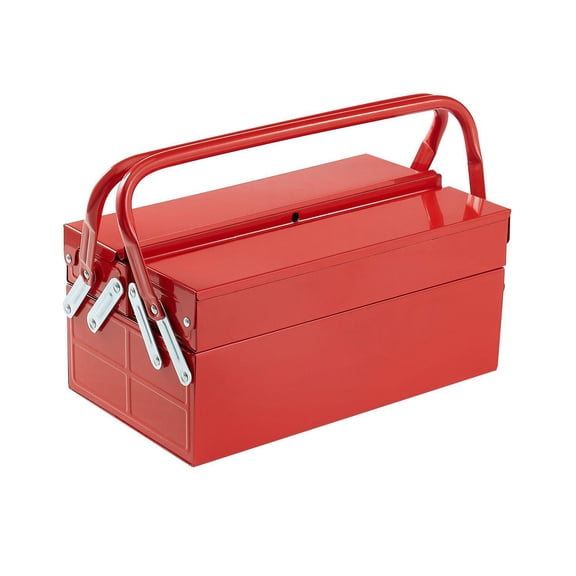 14 Inch 2 Tier 3 Tray Portable Folding Metal Tool Chest Organizer with Handle Lock Hole Powder Coated Steel Cantilever Toolbox for Household Factory Warehouse Repair Shop Red
