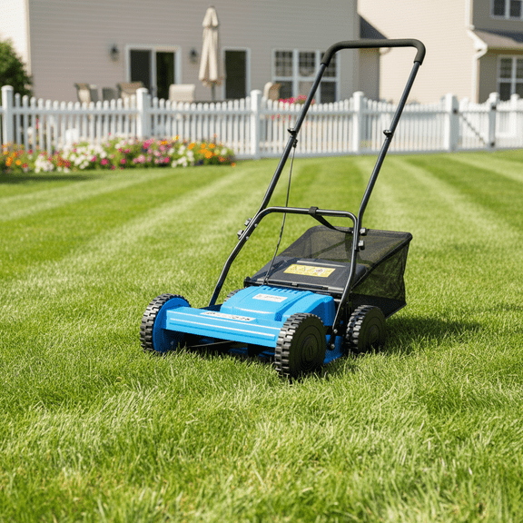 14 Inch 5 Blade Push Reel Lawn Mower with Grass Catcher Bag Manual, Eco Friendly Quiet Non Powered Lawn Mower for Small Yard Garden Backyard Patio, Blue Color